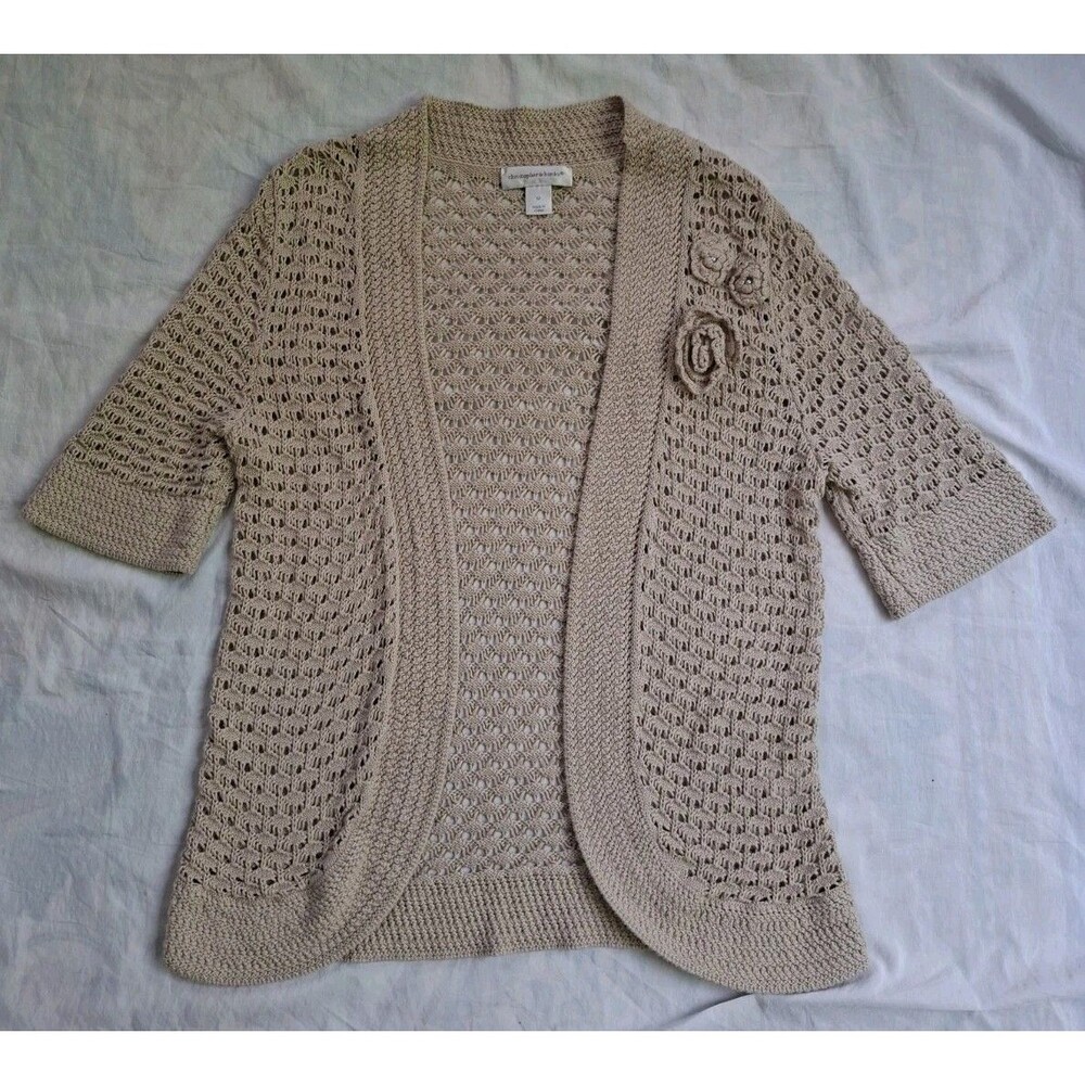 Christopher & Banks Tan Knit Open Front Cardigan 3D Flowers Lightweight Womens M